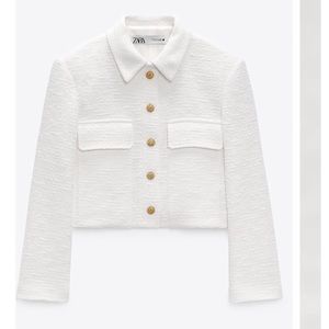 Zara Cropped Textured White Blazer with Gold Buttons Small